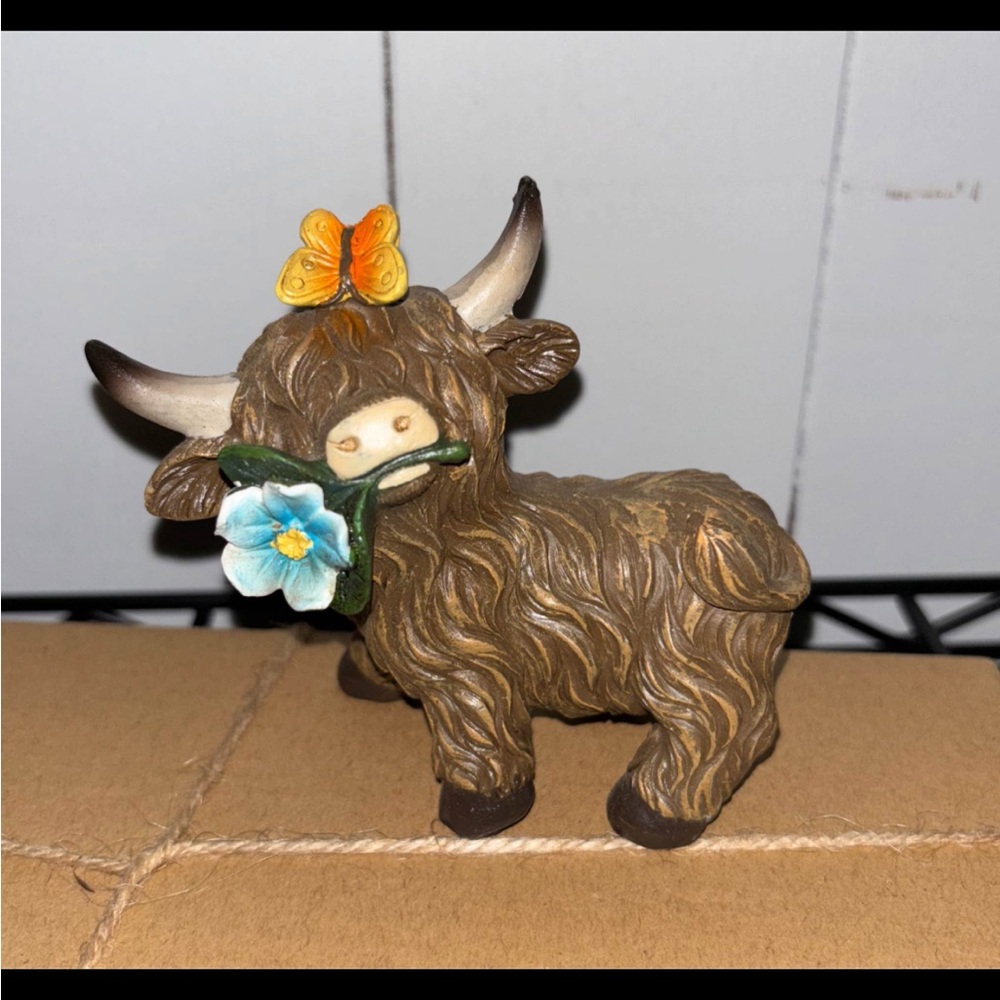 Adorable Highland Cow Figurine with Flower and Butterfly- small